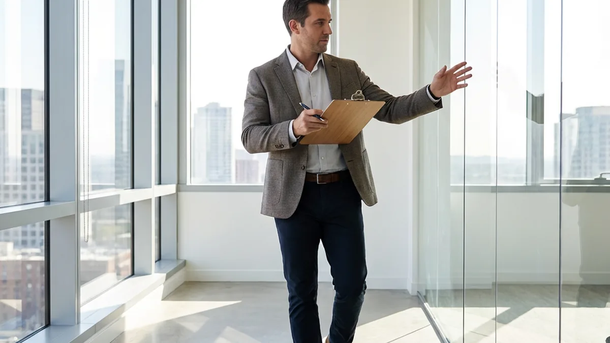 Commercial cleaning owner walking an empty office during a pricing walkthrough while taking notes on a clipboard.
